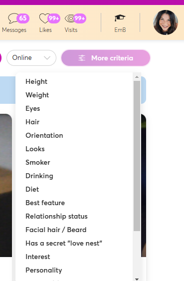 Victoria Milan Filter criteria
